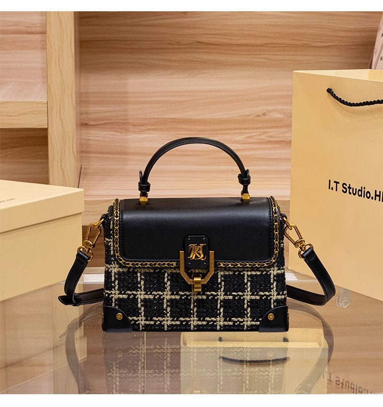 Túi xách tay da thật họa tiết houndstooth cổ điển phong cách Chanel, quai đeo chéo — Màu đen chi tiết 6