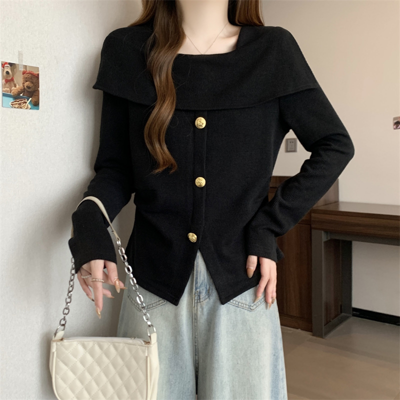 Base body-friendly knitted black long-sleeve, large size (2024), fitted, open shoulders and long sleeves