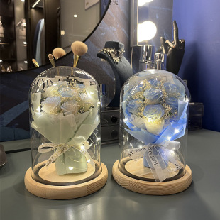 Birthday flower dried flower ornaments to send girlfriend wife mother broken ice blue rose glass cover simulation bouquet factory wholesale