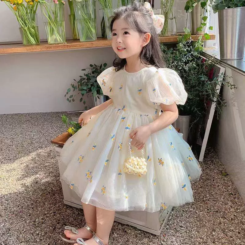 Платье, летняя одежда, маленький princess костюм для девушки, корейский стиль, с вышивкой, цветочный