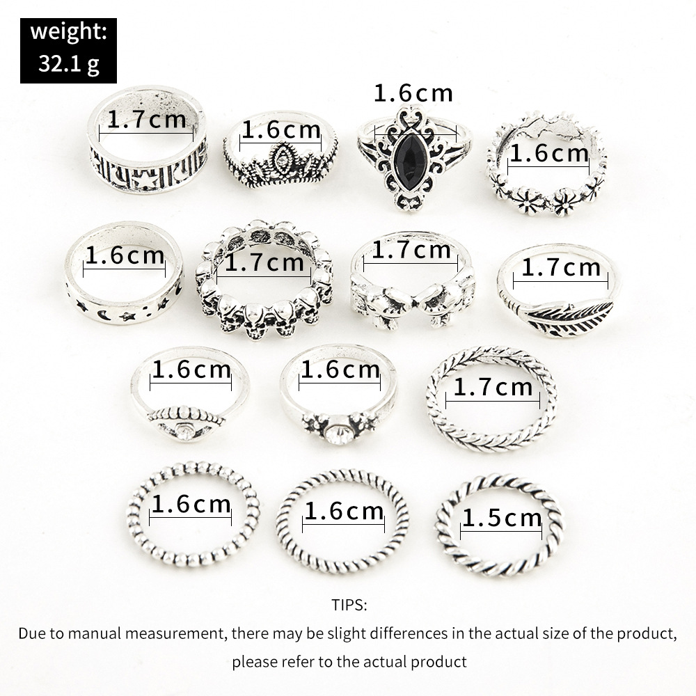 Europäischer Und Amerikanischer Grenz Überschreiten Der Schmuck Personal Isierte Retro-schwarz Diamant Geprägte Elefanten Schädel Blumen Kombination Gelenk Ring Vierteiliges Set display picture 2