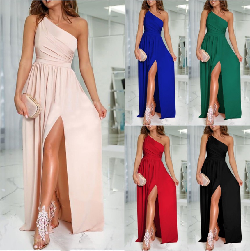 Independent Station Aliexpress Amazon New Slanted Shoulder Dress Elegant Sleeveless Sexy Slit Long Skirt for Women