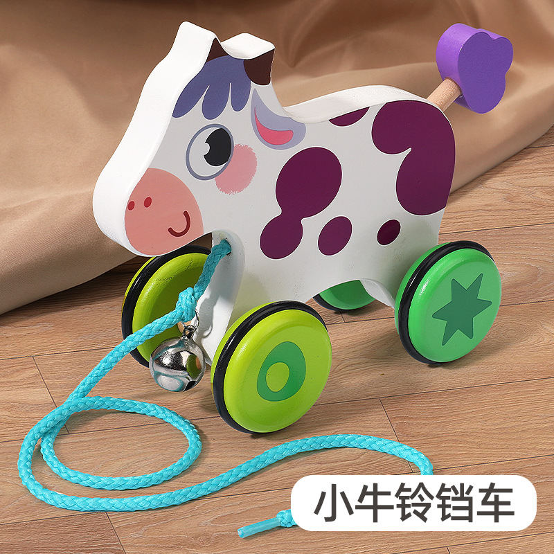 Coche de campana de animal de arrastre de madera real, cuerda de tracción manual, niño y niña, coordinación ojo-mano, juguete de coche de entrenamiento para niños pequeños