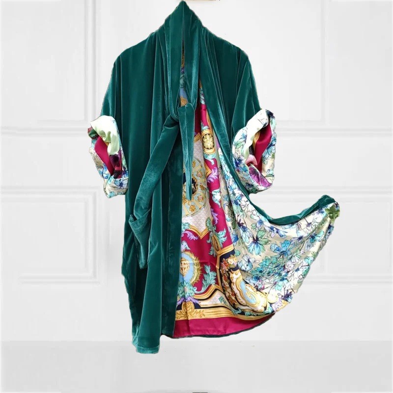 ​​Plus Size Korean Velvet Robe Dress – Floral Print Satin Kimono With Long Belt For Lounge, Sleepwear & Home Wear (S-3XL)​​_ecoleips.com