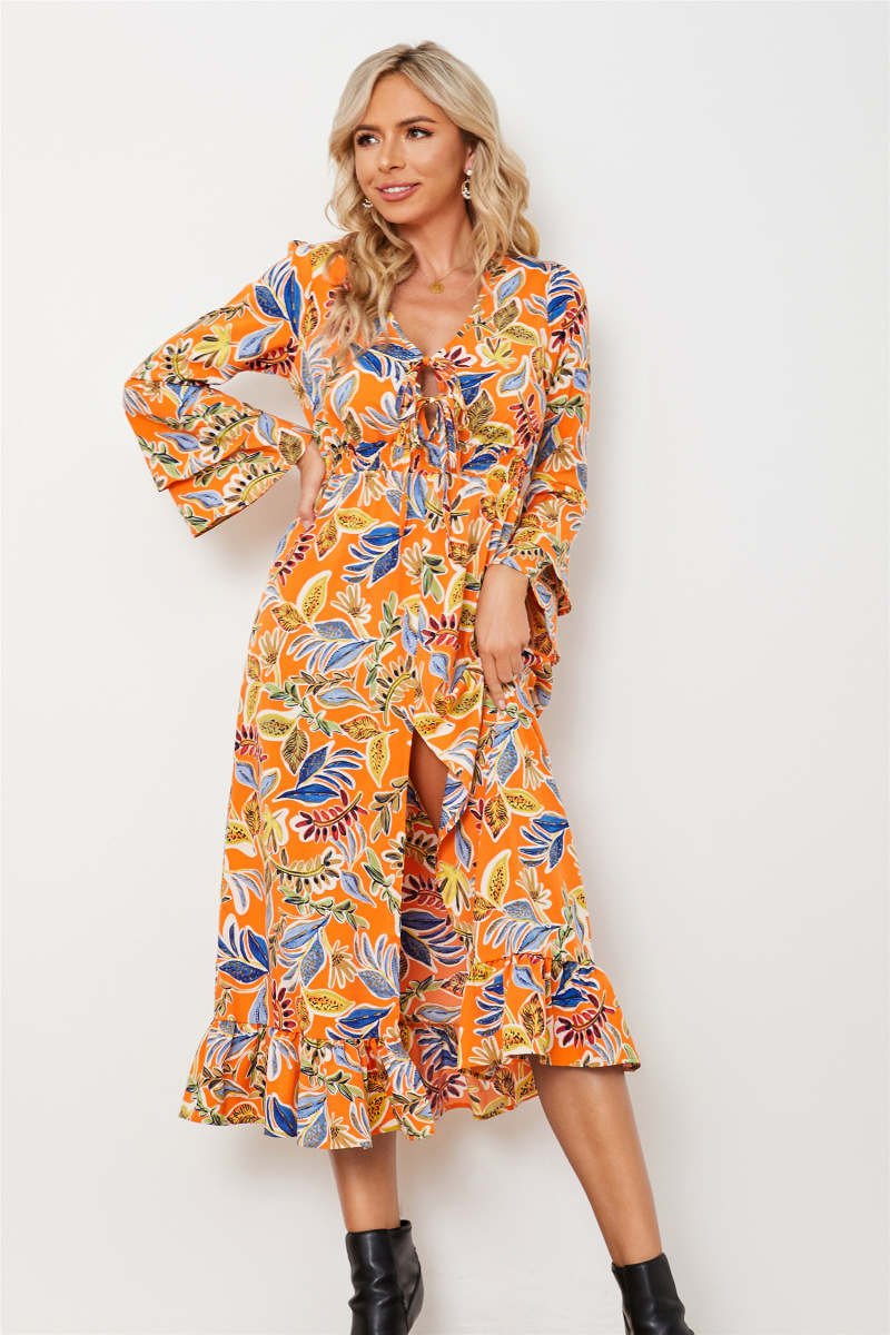 V-neck long-sleeved long slit floral dress NSHFC137790