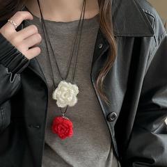 红色编织毛线玫瑰花镜子挂脖项链女补妆挂件配饰长款高级感毛衣链