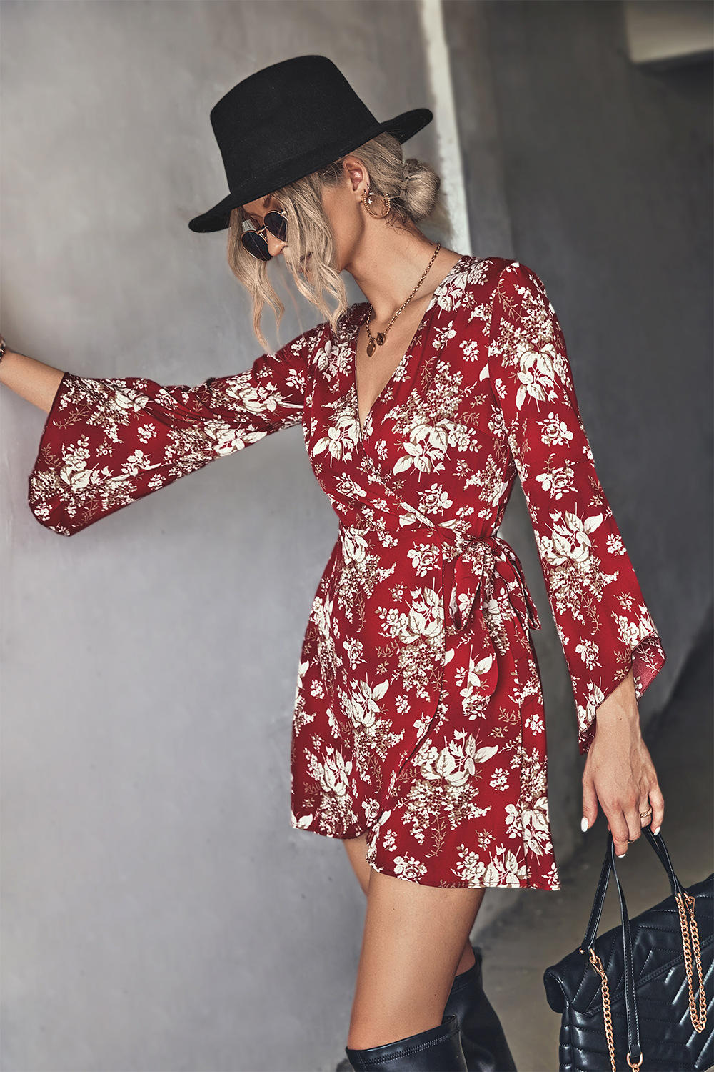 Floral print Wrap Irregular trumpet Sleeve Dress NSLNZ136803