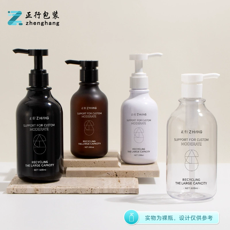 В наличии: черные круглые флаконы с непроливаемым дозатором (300 мл для шампуня, 500 мл для геля для душа, лосьона для тела, дезинфицирующего средства для рук).