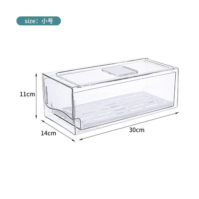 Caja de alimentos del refrigerador tipo cajón, caja de almacenamiento de drenaje superpuesta transparente de plástico, caja de acabado de frutas y verduras de grado alimenticio