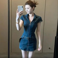 港风复古小众牛仔连衣裙女夏季新款设计感拉链收腰显瘦包臀裙短裙