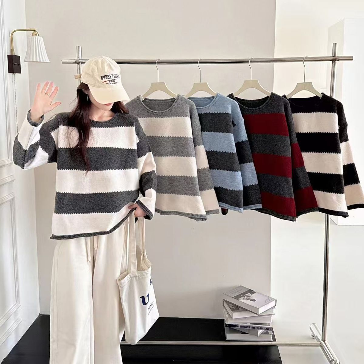 濮院2025韩系中高端时尚针织衫秋冬新款条纹长袖撞色百搭毛衣女潮