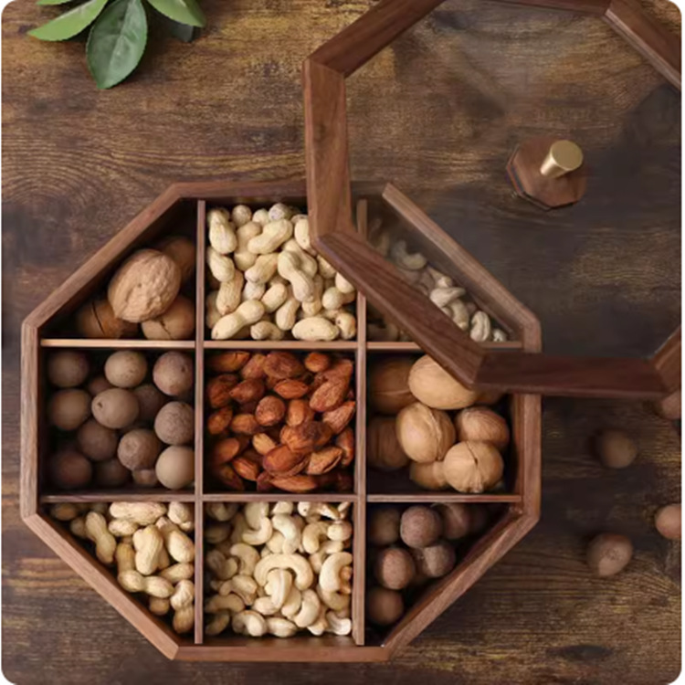 Nogal negro madera maciza octogonal Placa de fruta seca Sala hogar simple caja china compartimiento a prueba de humedad hogar sala de estar comedor caja de frutas