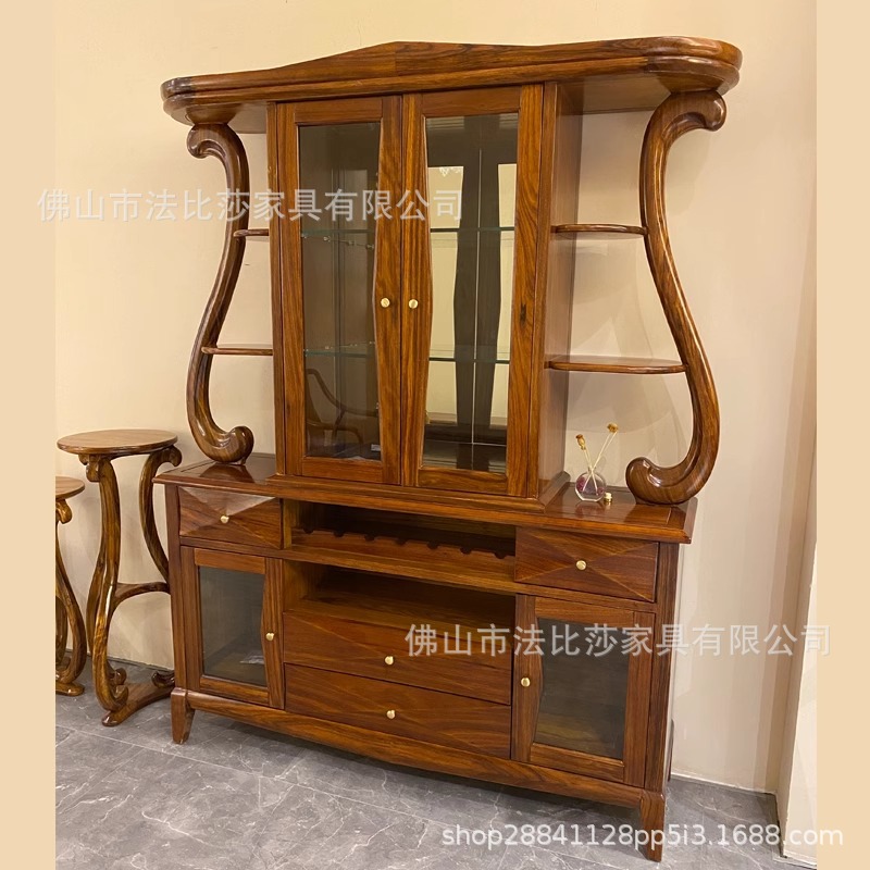 New Chinese Style Solid Wood Sideboard European Style Luxury Wall-Mounted Ebony Wood Glass Wine Cabinet Home Storage Rack Display Bogu
