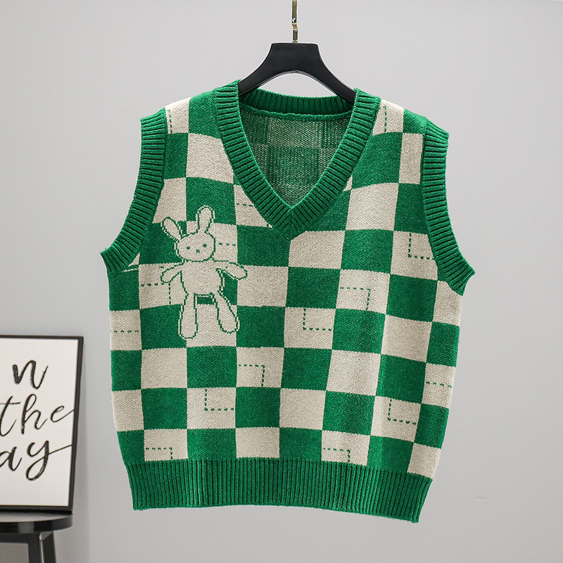 Otoño e invierno Chaleco de punto a cuadros para mujeres 2023 estilo coreano nuevo chaleco con cuello en V image 3