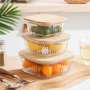Bamboo Lid Vertical Pattern Glass Lunch Box Sealed Lunch Box Microwave Heating Lunch Box Rectangular Preservation Box