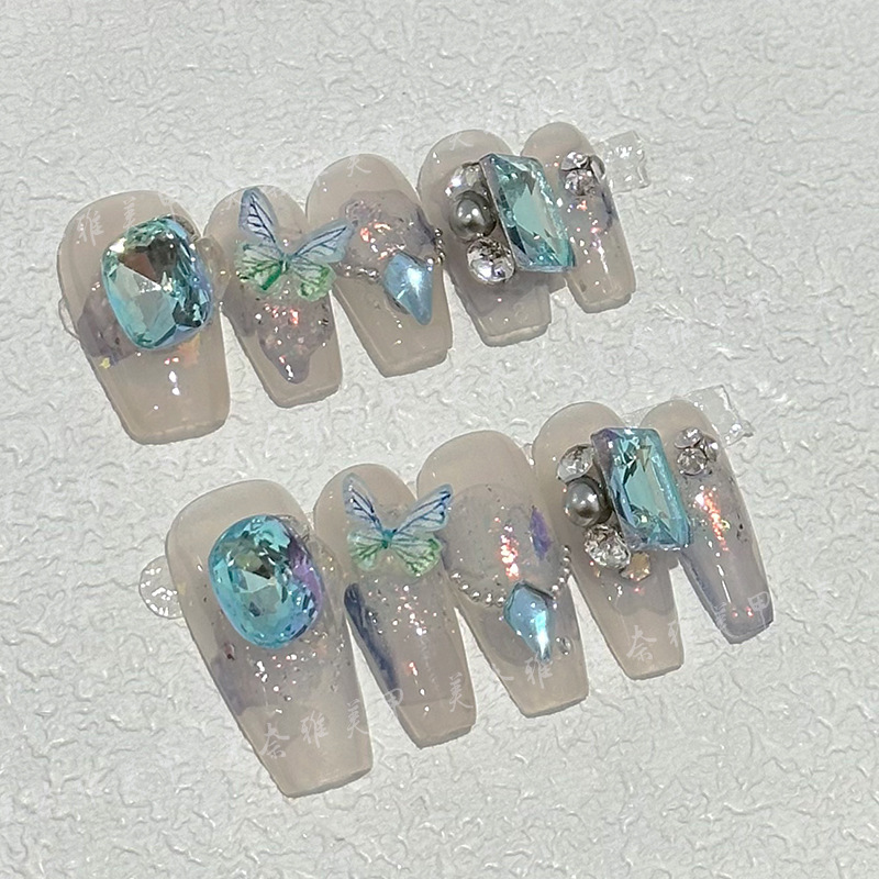 春季穿戴甲蓝色水彩蝴蝶锆石手工美甲可拆卸甲片贴片手工穿戴甲
