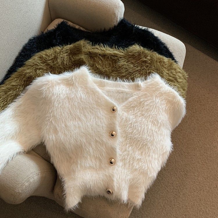2024 New Spring and Autumn Sweater women's loose popular cardigan knitted mink fur short coat top