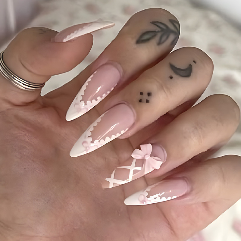Pink cute nail wear nail piece bow nail piece nail piece wholesale long cross-border nail stickers wholesale