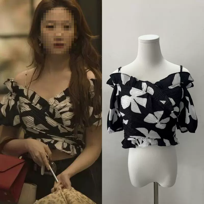 长期现货2025夏玫瑰的故事刘亦菲同款碎花衬衫女露肩一字领上衣潮