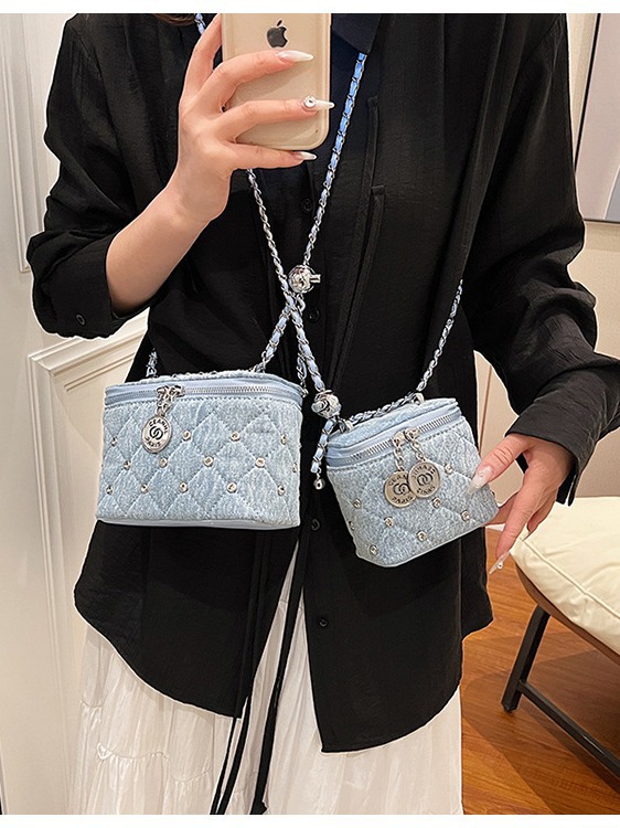 Xiaoxiang Style Diamond Box bolso pequeño cuadrado de mujer nueva textura de alta calidad de cadena de denim bolso de hombro