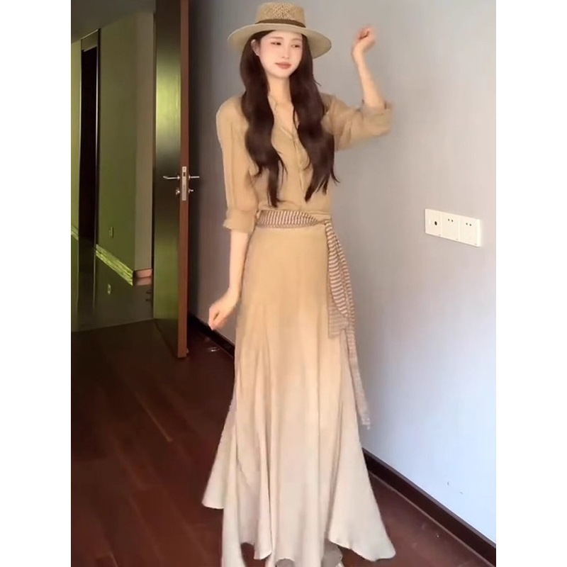 休闲风复古气质套装女2025夏季新款宽松衬衫半身裙两件套简约女装|undefined