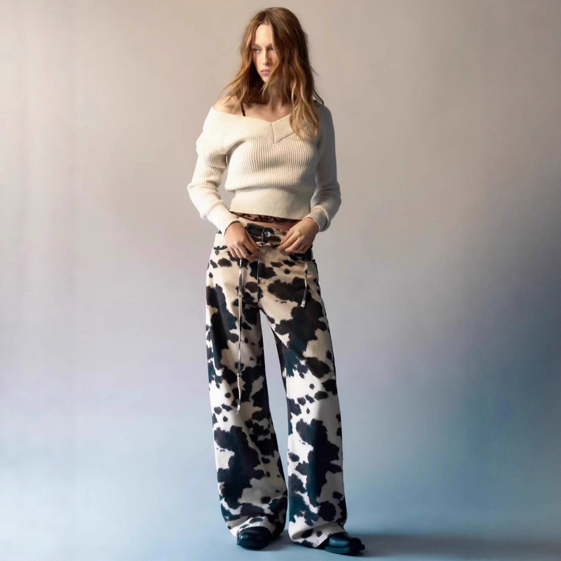 European and American Cross-Border American Retro Cow Pattern Washed Jeans for Men and Women, Vintage Loose Straight Pants