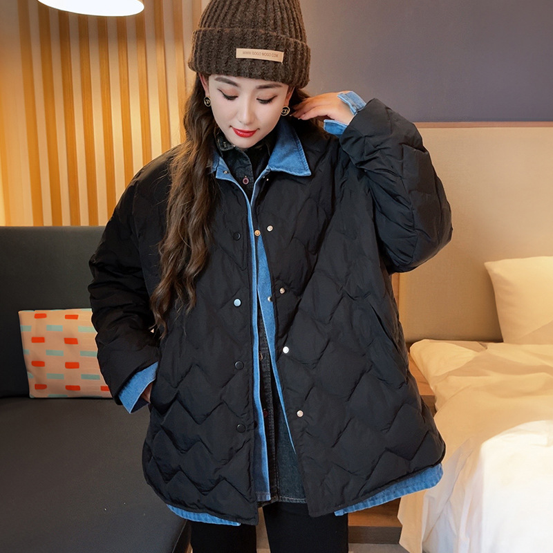大码羽绒服牛仔拼接韩版立领秋冬港风短款菱格保暖知性优雅百搭