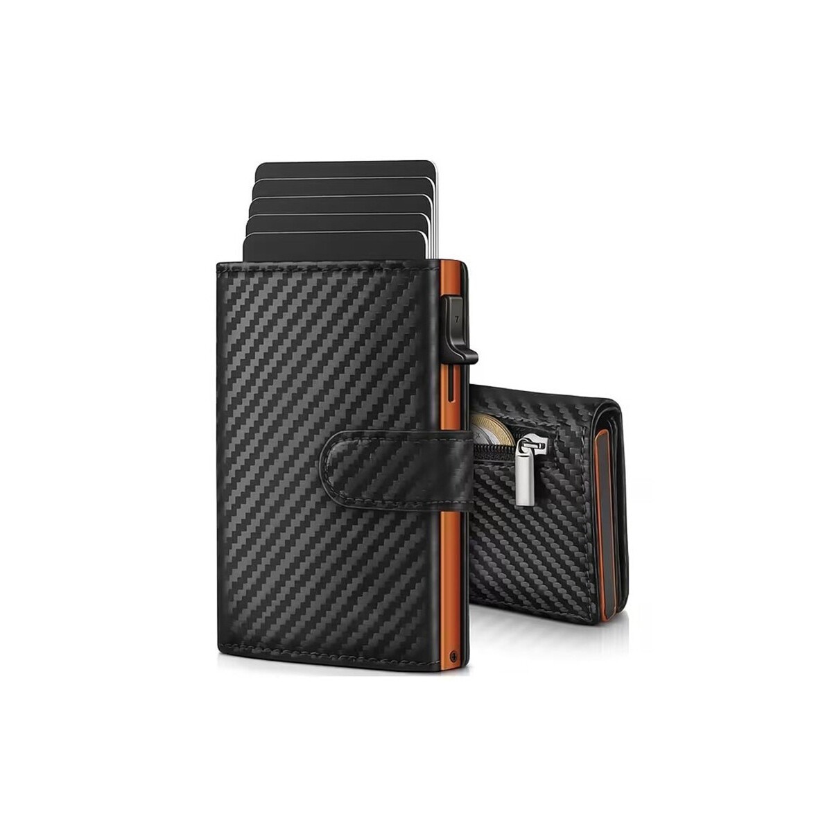 Men's carbon fiber textured RFID anti-theft wallet with automatic card ejector, multi-functional zipper coin purse, and large capacity
