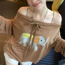 DULA好好家 千禧夢核小象/印花绑带一字肩长袖T恤女宽松chic上衣