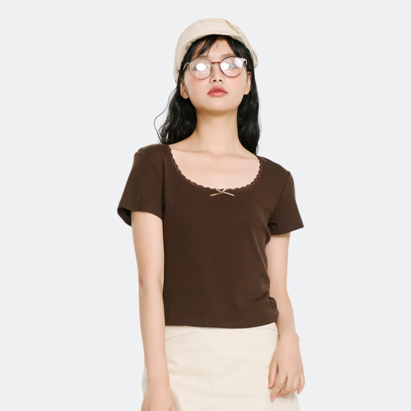 Lace-Trimmed Square-Neck Short-Sleeve T-Shirt for Women 5099 Tencel Ribbed Summer New Style Slim Fit High-End Slimming Short Style