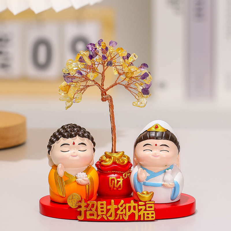福喜神仙新中式树脂摆件聚宝盆天然黄水晶发财树客厅桌面装饰礼品|undefined