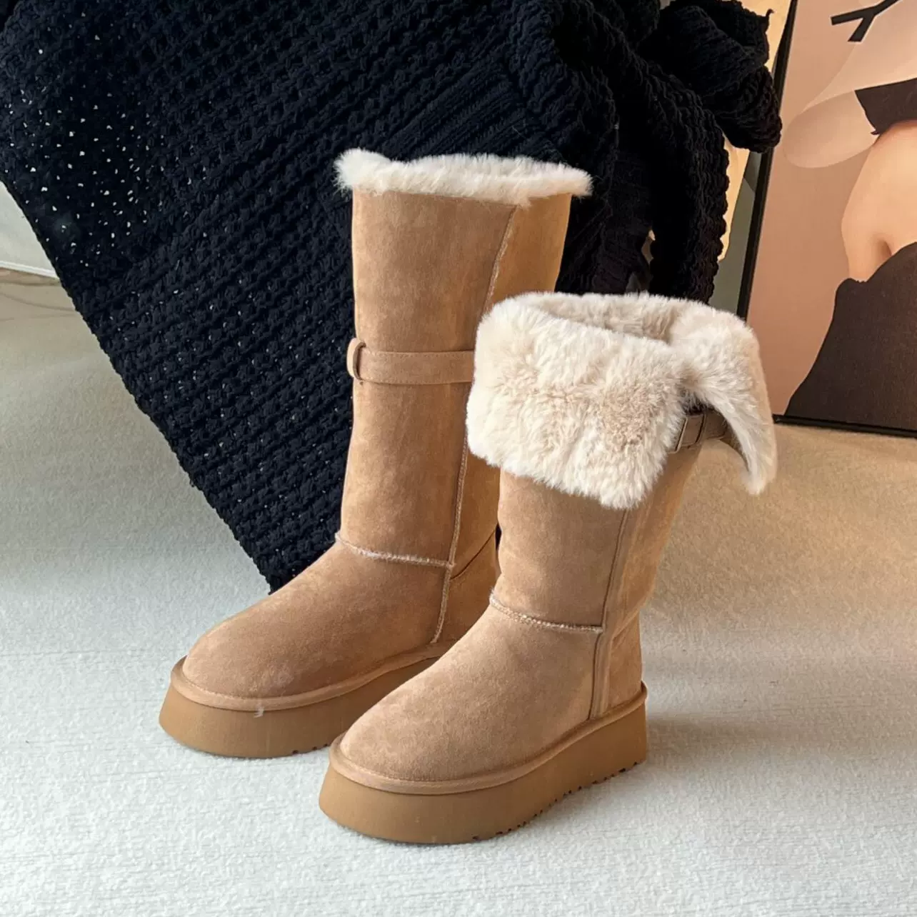 休闲外穿厚底加绒加厚雪地靴女秋冬新款圆头增高翻毛两穿毛毛靴
