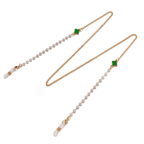 Cross-border hot selling pearl anti-lost lanyard multi-color four-leaf flower glasses chain fashion metal chain hanging neck chain