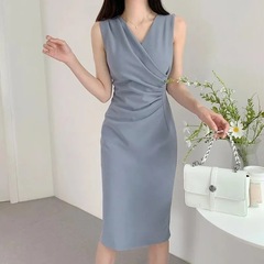 9068韓国chic夏のフランス式の小衆がvネックを交差して腰を収めて痩せています。