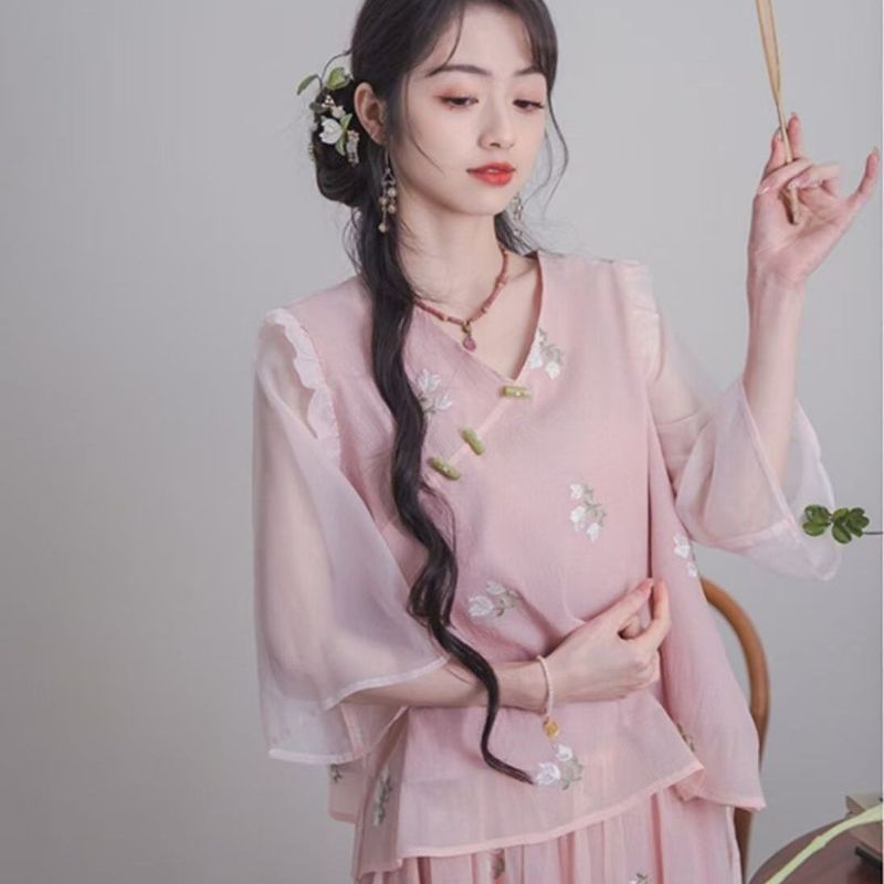2025年新作夏スタイルの優しい中国風改良チャイナドレストップスとスカート女の子の中国風ツーピーススーツ|undefined