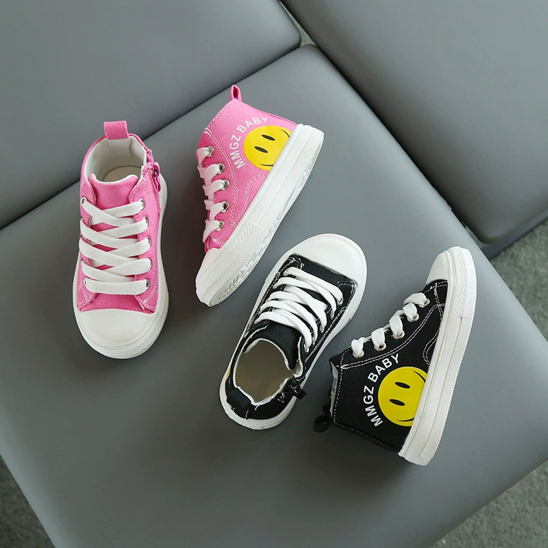 Весна 2025 года. Новые высокие кеды с улыбающимися рожицами из холщовой ткани для мальчиков и девочек, модные корейские кроссовки на мягкой подошве.