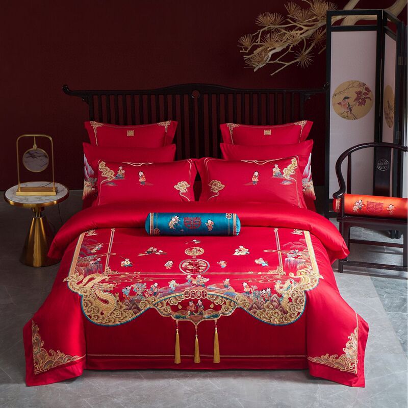 New Chinese Wedding Long-staple Cotton Four-piece Set Wedding Embroidery Cotton High-end Light Luxury Satin Embroidery Red Cotton Six