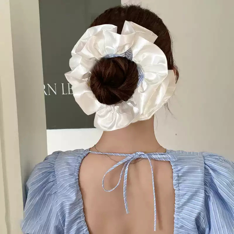 高品質の大きなレースのヘアゴム、クリーム風サテンブルーストライプバレエ風ヘアゴム、ボールヘッドドレス|undefined