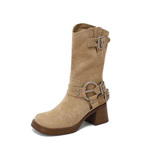 2024 New Summer Thin Western Cowboy Boots for Women, Thick Sole, Slimming Short Boots, Brown Mid-Calf Boots, Elegant Knight Boots