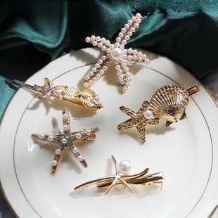 New Ocean Hair Accessories Pearl Metal Rhinestone Hairpin Side Bangs Side Clip Korean Starfish Duck Cross-Border