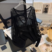斤黑白条纹针织衫女秋网衫长袖宽松慵懒罩衫防晒辣妹镂空上衣
