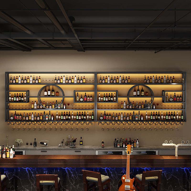 Bar bar decoration wall-mounted luminous wine rack restaurant wall-mounted wrought iron wine cabinet creative display rack