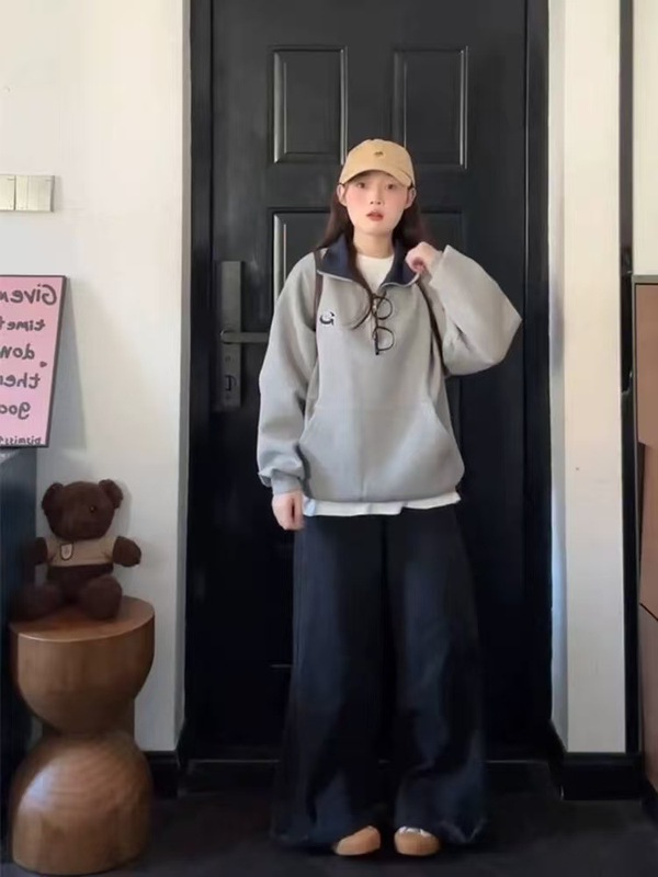美式复古POLO领拉链学院风卫衣女秋冬撞色宽松百搭小众设计感上衣|undefined