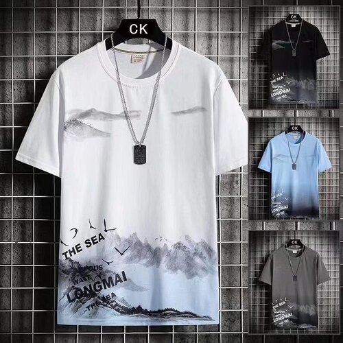 2023 new summer men's short-sleeved T-shirt round neck personalized printing national trend contrasting color men's clothing trendy ins student clothes