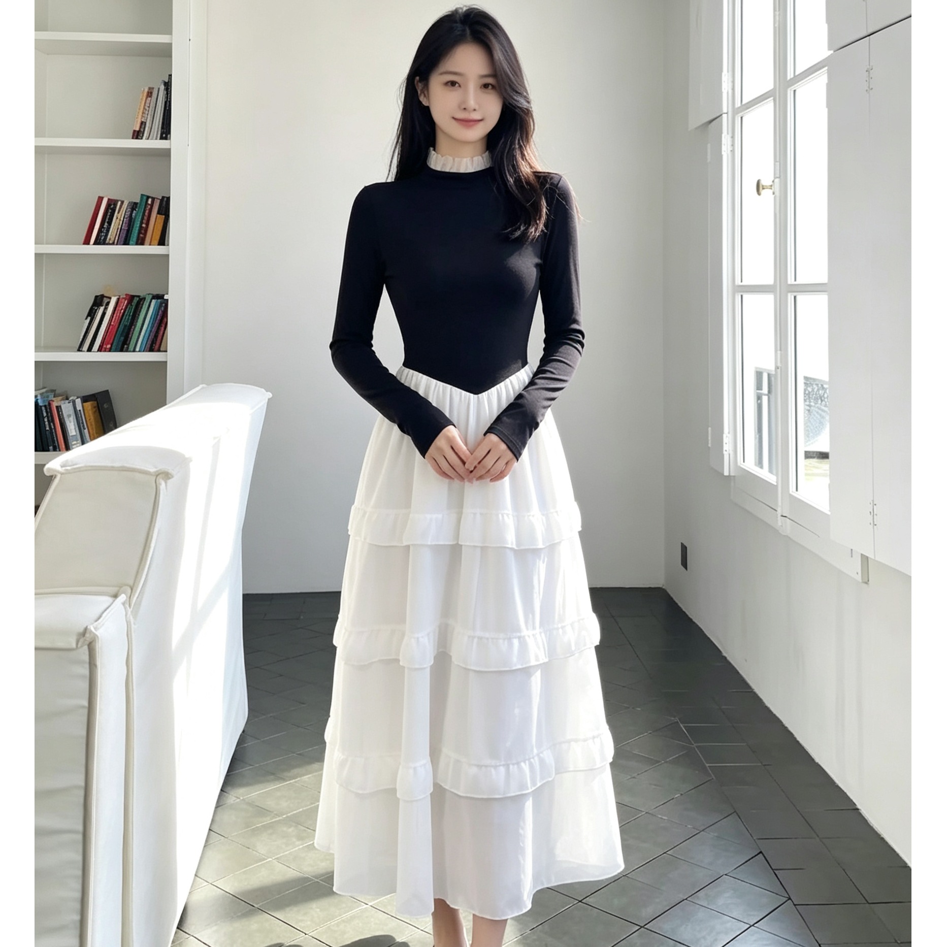 프렌치 패치워크 가짜 투피스 원피스 여성 반하이넥 긴팔 허리조임 화이트 다층 프릴 큰 스커트 미디 원피스