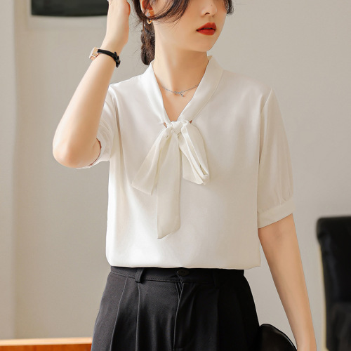Leisure Lead Design Women's Short Sleeve Shirt 2025 Summer New Drop Waist Slimming Simple Commute White Collared Shirt