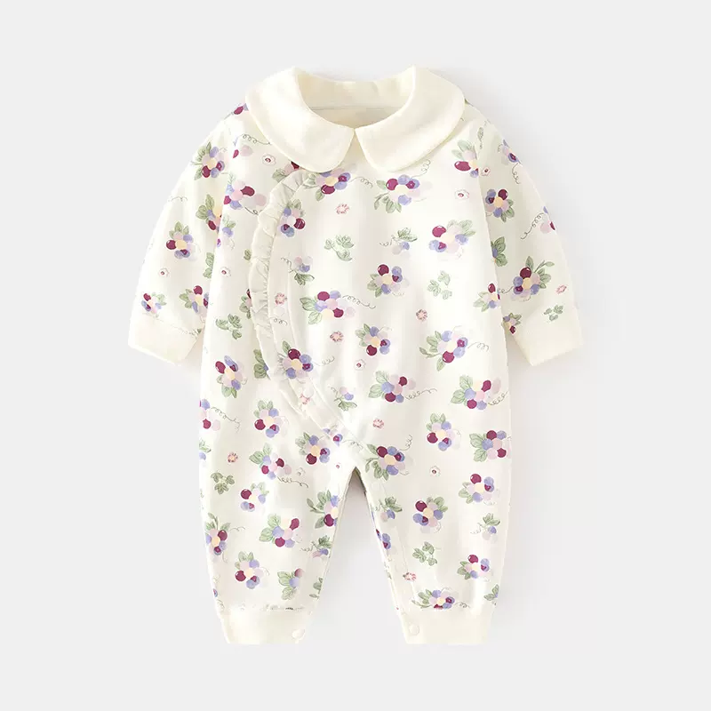 婴儿春秋连体衣宝宝无骨长袖家居纯棉爬服女婴幼儿童印花对门哈衣