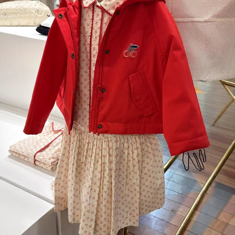 Girls' Red Cherry Short Windbreaker Jacket Thickened Hooded Cotton-Padded Windproof and Rainproof Top Zipper Jacket