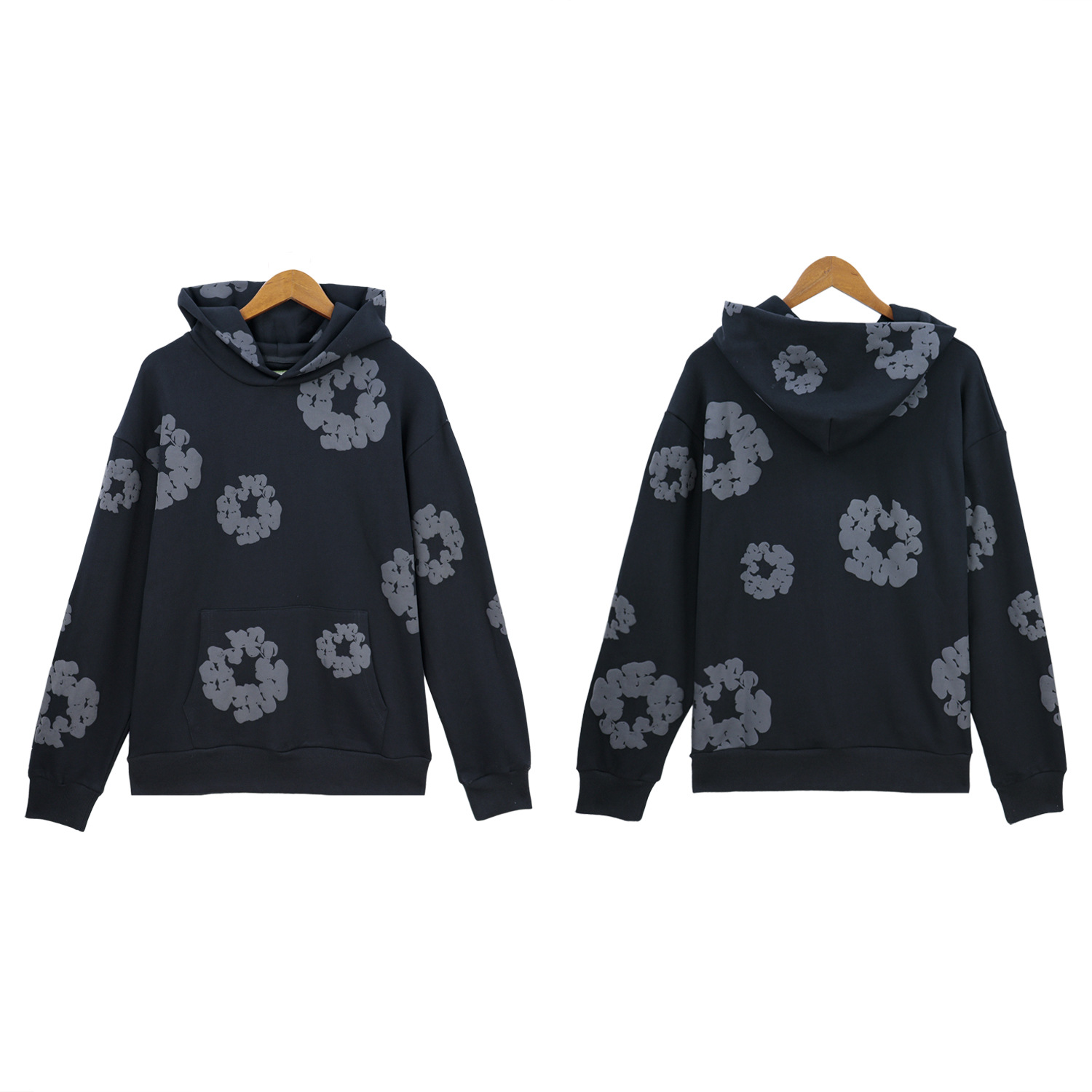 Linha completa de conjuntos para exportação no atacado: moletom com estampa de kapok, camiseta de manga curta com estampa em relevo, bermuda com capuz