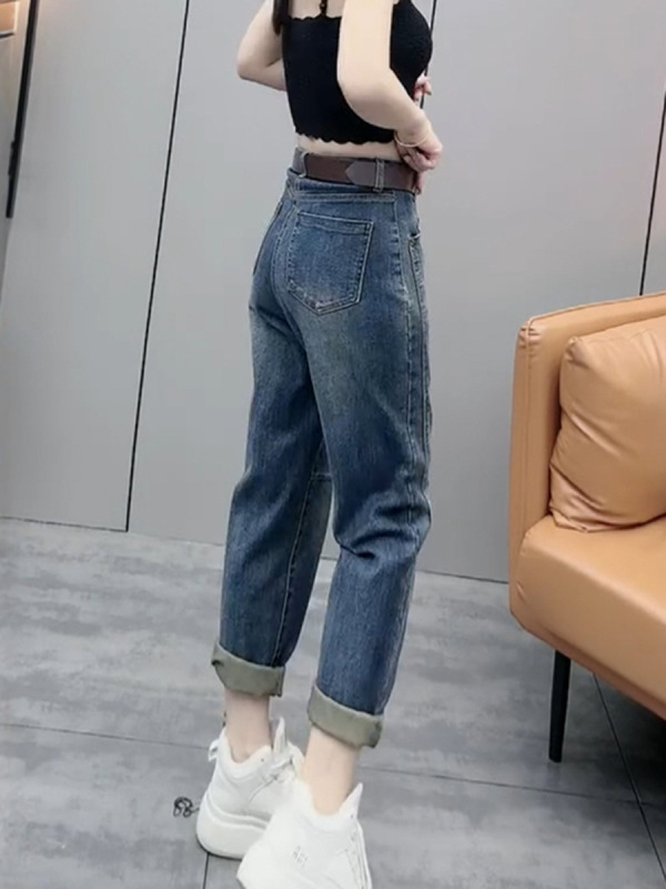 大码女装复古直筒九分牛仔裤女2025春季新款流行百搭显瘦哈伦裤子|undefined